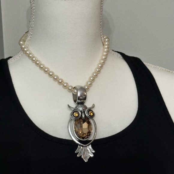 OWL Bird Silver Tone Yellow Rhinestones Scarf Enhancer or Necklace Pendant - Picture 7 of 13